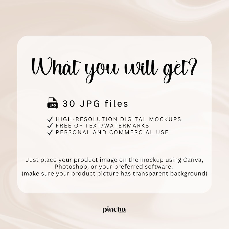 May include: A digital mockup product listing graphic with the text "What you will get?" and a list of features: 30 JPG files, high-resolution digital mockups, free of text/watermarks, personal and commercial use. The graphic also includes instructions on how to use the mockups.