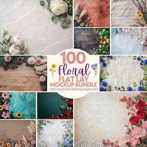 100x Floral flat lay mockup bundle, Table flatlay product background, Add your own products digital backdrop, Flowers stock photography JPG