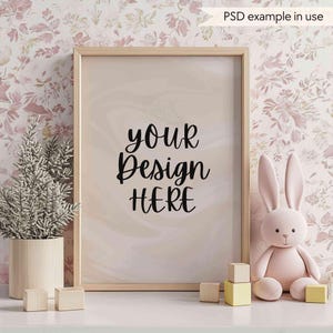 A4 Nursery frame PSD mockup, Kids room frame mockup for wall art, Baby girl room vertical frame mock up, Minimal pink nursery frame mockup