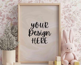 A4 Nursery frame PSD mockup, Kids room frame mockup for wall art, Baby girl room vertical frame mock up, Minimal pink nursery frame mockup
