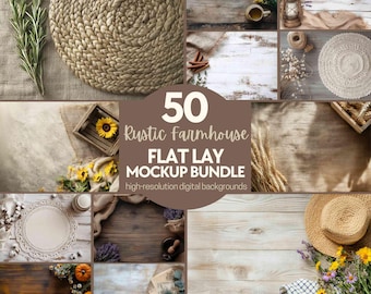 50x Rustic farmhouse flat lay mockup bundle, Rustic wood background to add your own products, Cosy stock images, Table flatlay mockups JPG