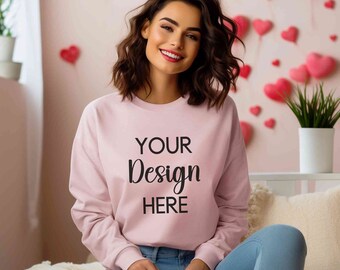 Valentines day mockup, Gildan 18000 light pink sweatshirt mock up, Valentine women model sweater mockup, Pink 18000 Gildan crewneck mock-up
