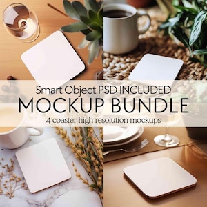 May include: Four white square coasters mockup set. The coasters are on various surfaces, including wood, marble, and woven fabric. The image includes the text "Smart Object PSD INCLUDED MOCKUP BUNDLE 4 coaster high resolution mockups".