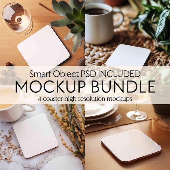 4x Coaster mockup bundle, PSD coffee cup coaster mockup, Cork back white square coaster mock-up, Sublimation mug coaster mockup for POD