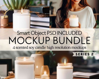 Candle mockup bundle PSD, Scented soy candle mockups, 9oz jar candle mock ups with tag, Smart object candle mock, POD Lifestyle candle mocks