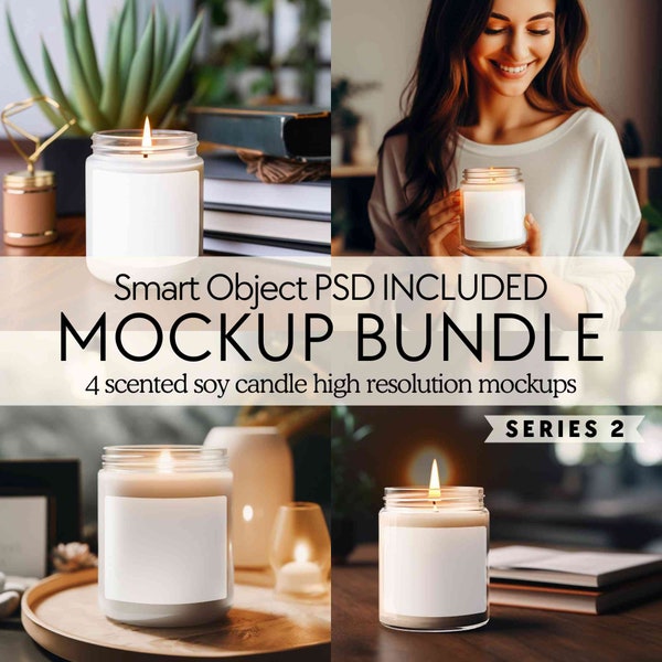 Candle mockup bundle PSD, Scented soy candle mockups, 9oz jar candle mock ups with tag, Smart object candle mock, POD Lifestyle candle mocks