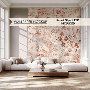 PSD Wallpaper mockup, Modern interior wall mock up, Minimalist living room empty wall mock-up, Trendy wallpaper home decor white wall mockup
