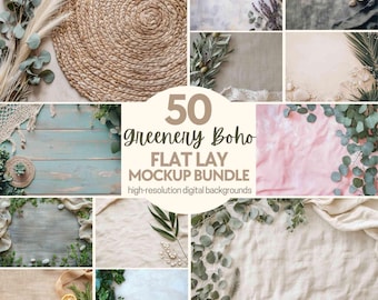 50x Greenery boho flat lay background mockup bundle, Add your own products backdrop, Neutral stock photography, Cosy table flatlay mockups