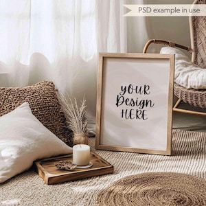 DIN A wood frame mockup in the floor, Frame mockup in boho-style interior, Minimalistic frame PSD mockup, Cosy neutral wall art frame mockup