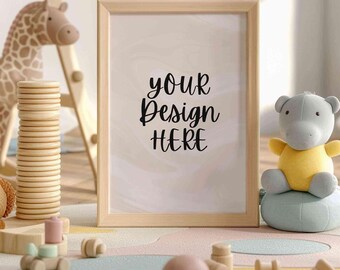 Wooden frame mockup PSD in nursery room, Blank A4 frame with toys, Cute frame mockup for kids wall art, Frame mockup on children room floor