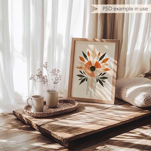 DIN A rustic wood frame mockup, Frame mockup in boho-style home decor, Cottagecore frame mockup PSD template, Warm and cosy art frame mockup