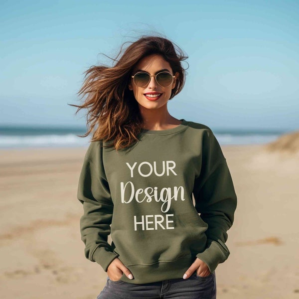 Gildan 18000 military green sweatshirt mockup, Green crewneck mock-up, Military green sweater outdoor model mock, Gildan 18000 military mock