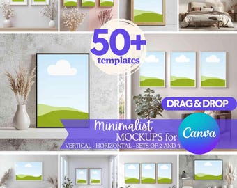 BUNDLE 50+ Minimalist Canva Frame Mockups, Neutral Wall Art Templates, Drag & Drop Scandinavian Interior Scenes, Modern Poster Display