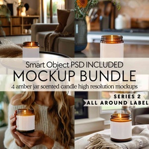 May include: A mockup bundle of four amber glass candle jars with white labels. The candle jars are shown in various settings, including on a table, in a hand, and on a blanket. The text "Smart Object PSD INCLUDED MOCKUP BUNDLE 4 amber jar scented candle high resolution mockups SERIES 2 ALL AROUND LABEL" is displayed on the image.