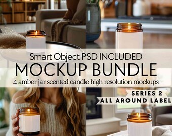 Amber candle mockup bundle PSD all around label, Scented soy candle mockups, 9oz amber glass jar candle mock ups, Smart object candle mockup