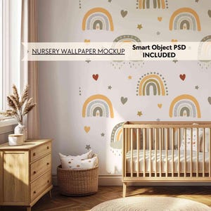 Kinderzimmer Mockup PSD, Boho Kinderzimmer Tapetenmockup, Babyzimmer leere Wand Mockup, Neutrale Kinderzimmer leere Wand Mockup, Smart-Objekt-Mockup