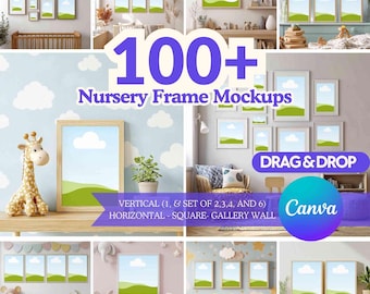 100+ Nursery Bilderrahmen Mockup Bundle für Canva | ziehen Sie es ab und ziehen Sie es frei Wand Kunst Vorlagen, Baby und Kinderzimmer Poster Mockups, Kinderzimmer Print Rahmen Display