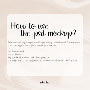 May include: How to use the PSD mockup? Seamlessly integrate your wallpaper design into the wall for a realistic touch, using Photoshop's smart object feature. No Photoshop? No problem! Try the FREE and ONLINE photopea.com. It's easy! Watch our step-by-step video tutorial (link in description).