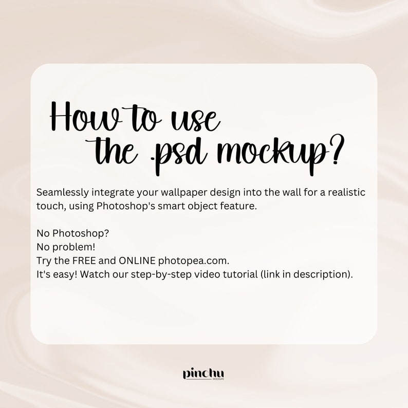 May include: How to use the PSD mockup? Seamlessly integrate your wallpaper design into the wall for a realistic touch, using Photoshop's smart object feature. No Photoshop? No problem! Try the FREE and ONLINE photopea.com. It's easy! Watch our step-by-step video tutorial (link in description).