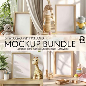 Paquete de maquetas de marcos para guardería en formato PSD, maqueta de póster de arte de pared para guardería de 4 piezas, maqueta de marco DIN A4 para habitación de niños, maqueta de marco de impresión de arte vertical para niños