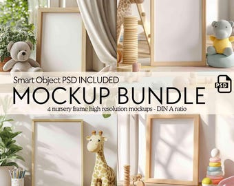 Nursery frame mockup bundle PSD, 4x nursery wall art poster mockup, Kids room DIN A4 frame mockup, Children vertical art print frame mock up