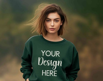 Gildan 18000 forest green crewneck mockup, Gildan sweatshirt mockup, Forest green sweater mockup, Autumn outdoor green model Gildan mock up