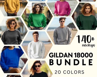 Gildan 18000 sweatshirt mockup bundle, Men and woman sweatshirt model mockup bundle, G18000 mock-up bundle, Cozy boho crewneck mockup bundle