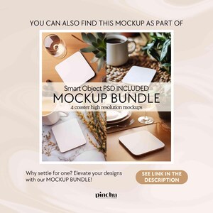 May include: Four square coasters with a white surface, displayed on a table with a glass of wine, a coffee mug, and plants. The text "Smart Object PSD INCLUDED MOCKUP BUNDLE 4 coaster high resolution mockups" is displayed above the coasters. The text "Why settle for one? Elevate your designs with our MOCKUP BUNDLE!" is displayed below the coasters. The text "SEE LINK IN THE DESCRIPTION" is displayed in a rectangular box below the text.