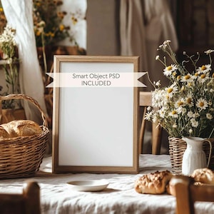 DIN A rustic wood frame mockup, Vintage style interior close up frame mockup, Cottagecore kitchen frame mockup PSD template in countryside