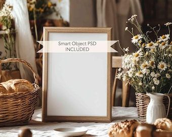 DIN A rustic wood frame mockup, Vintage style interior close up frame mockup, Cottagecore kitchen frame mockup PSD template in countryside