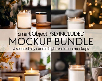 PSD Candle mockup bundle, Scented soy candle mockups, Jar candle mock ups with tag, Smart object 9oz candle mock-ups boho , POD Canva mock