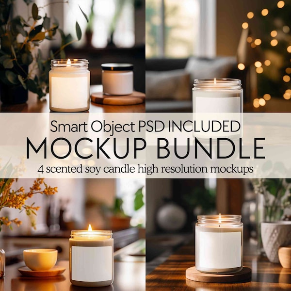 PSD Candle mockup bundle, Scented soy candle mockups, Jar candle mock ups with tag, Smart object 9oz candle mock-ups boho , POD Canva mock