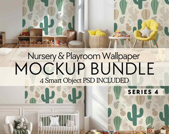 PSD kids room wallpaper mockup bundle, Nursery wallpaper mock up, Children playroom blank wall mockup, Smart object minimalist mural mockup
