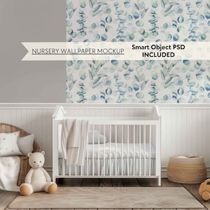 Nursery wallpaper mockup PSD, Baby room nursery blank wall mock-up, Neutral kids room empty wall mock up, Children room wallpaper mockup
