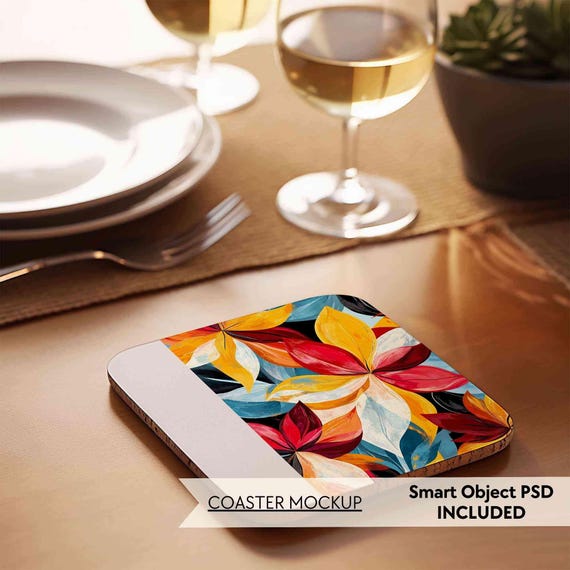 Coaster mockup PSD, Coffee cup coaster mock, Cork back white square coaster mock-up, Sublimation coaster mockup, Wedding blank coaster mock