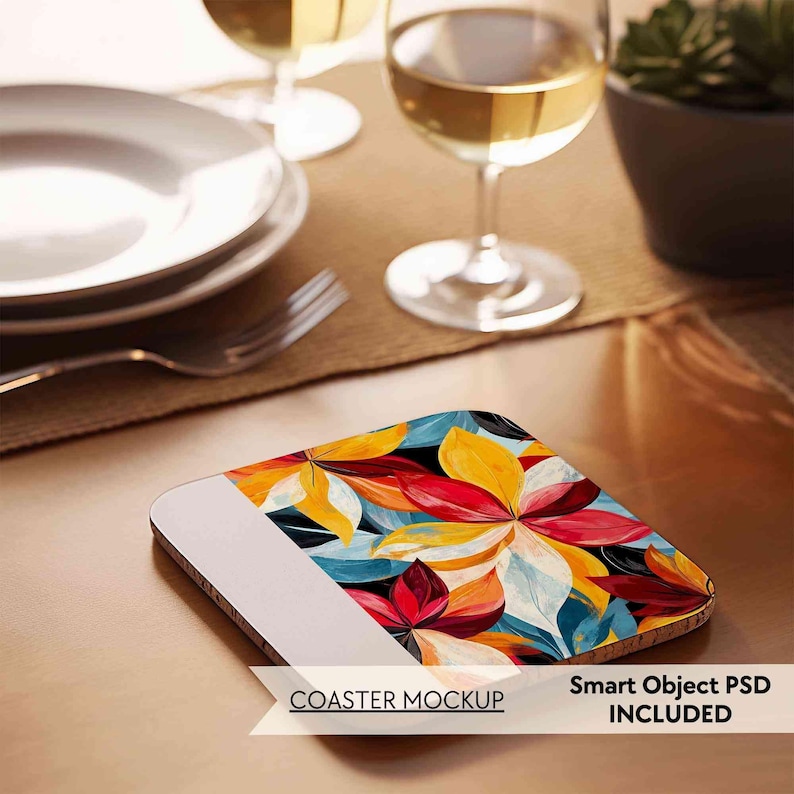 May include: A colorful coaster mockup with a floral design featuring red, yellow, and blue hues. The coaster is made of cork and has a white border. The text "COASTER MOCKUP" and "Smart Object PSD INCLUDED" is visible on the image.