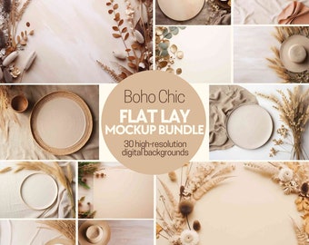 Könnte beinhalten: Eine Sammlung von 30 hochauflösenden digitalen Hintergründen mit einem Boho-Chic-Flachlage-Design. Die Hintergründe umfassen verschiedene Texturen, Farben und Elemente wie getrocknete Blumen, Gräser und geflochtene Teller.