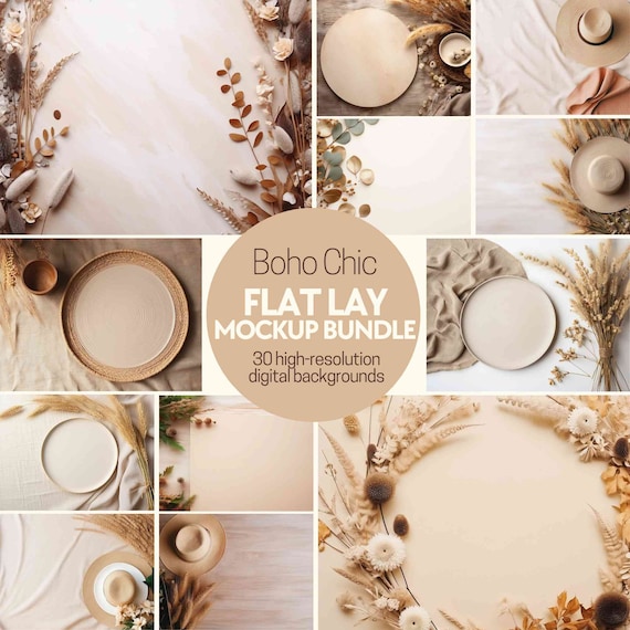 Boho flat lay mockup bundle, Digital product background flatlay boho mock ups, Neutral boho styled stock photography, Boho chic mockup table