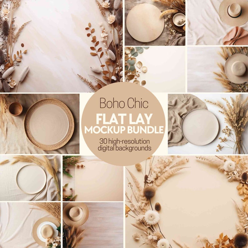 May include: A collection of 30 high-resolution digital backgrounds featuring a boho chic flat lay aesthetic. The backgrounds include various textures, colors, and elements such as dried flowers, grasses, and woven plates.