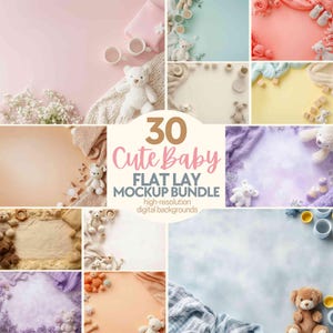 May include: A set of 30 digital backgrounds for flat lay mockups featuring cute baby themes. The backgrounds include various colors and textures, such as pink, blue, yellow, and purple. Some backgrounds feature knitted blankets, while others have a simple solid color. The backgrounds are perfect for showcasing baby products, such as clothing, toys, and accessories.