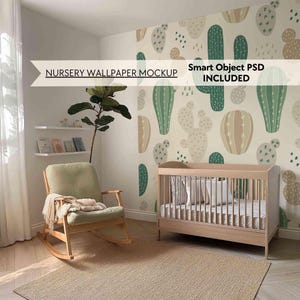 Nursery wallpaper mockup PSD, Baby room blank wall mockup, Children room neutral empty wall mock up,  Minimalist nursery smart object mockup