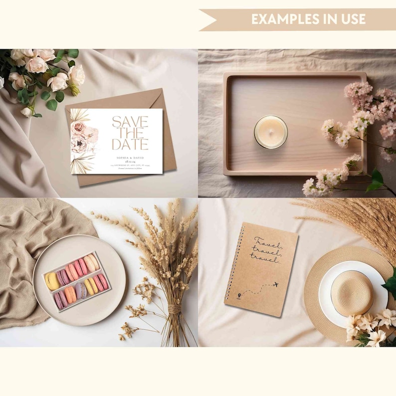 May include: A set of four images showing different ways to use a save the date card, a candle, a notebook, and a hat. The save the date card is a light brown card with a floral design and the text "Save the Date" in a gold font. The candle is a white candle in a glass jar. The notebook is a brown notebook with the text "Travel, travel, travel" written on it. The hat is a brown straw hat.