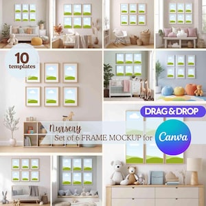 May include: A collection of six frame mockups for Canva, with a nursery theme. The frames are arranged in various configurations, showcasing a landscape design with green hills and blue skies. The image includes the text "10 templates" and "Drag & Drop".