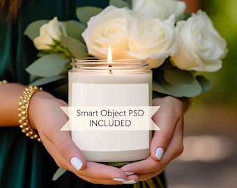 Soy candle mockup PSD, Wedding candle mockup, Jar candle mock up, White roses scented candle mock-up, Valentines flowers candle label mockup