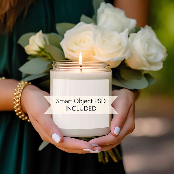 Soy candle mockup PSD, Wedding candle mockup, Jar candle mock up, White roses scented candle mock-up, Valentines flowers candle label mockup