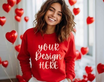 Maqueta de Gildan 18000 roja para San Valentín, maqueta de sudadera Gildan para San Valentín, maqueta de Gildan 18000 roja, maqueta de suéter con globos de amor para San Valentín