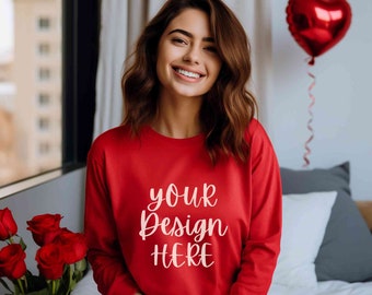 Maqueta de Gildan 18000 roja para San Valentín, maqueta de sudadera Gildan para San Valentín, maqueta de Gildan 18000 roja, maqueta de modelo de suéter de amor para San Valentín