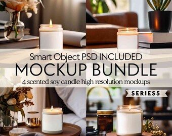 May include: Four high-resolution mockups of scented soy candles in various home settings. Each candle is in a clear glass jar with a white label, perfect for showcasing your candle designs.