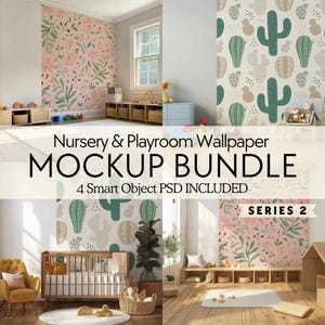 Nursery wallpaper mockup bundle, PSD kids playroom wall mockups, Baby room blank wall mock-ups, Boho children interior mock up, Smart object