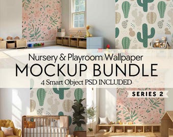 Nursery wallpaper mockup bundle, PSD kids playroom wall mockups, Baby room blank wall mock-ups, Boho children interior mock up, Smart object